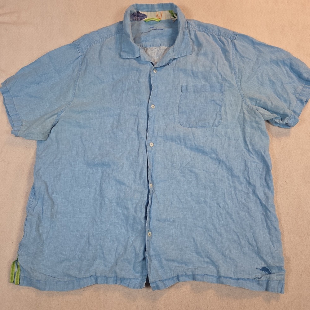 Tommy Bahama Mens XXL Light Blue 100% Linen Short Sleeve Button Camp Shirt Logo